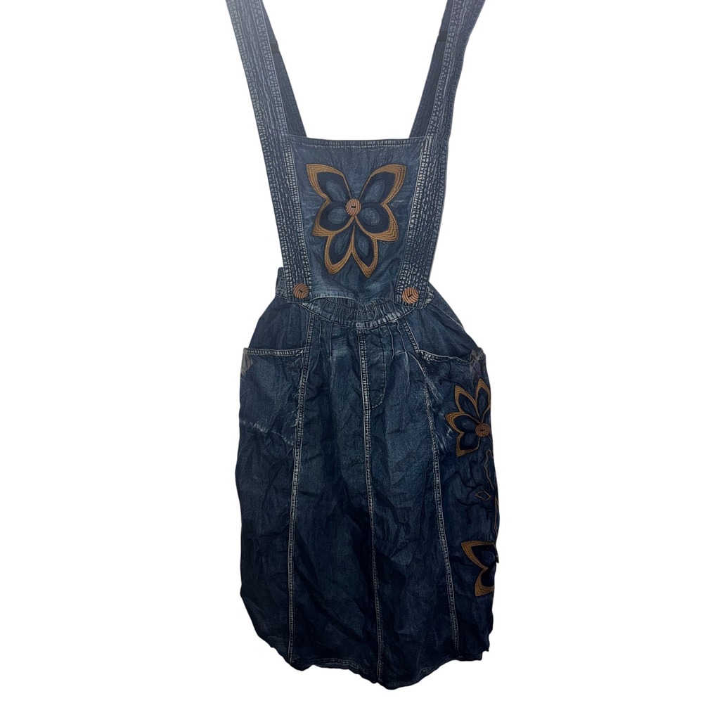 Embroidered Floral Butterfly Denim Pinafore Overall Midi Dress Blue Cotton